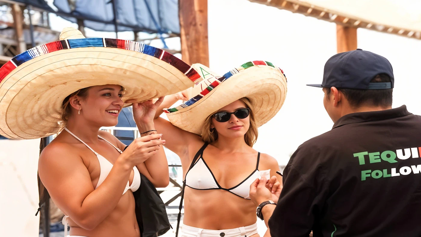 Tequila Master interacting with two female guests wearing sombreros and swimwear during a beachfront tequila tasting at Playa Tortugas in Cancun.