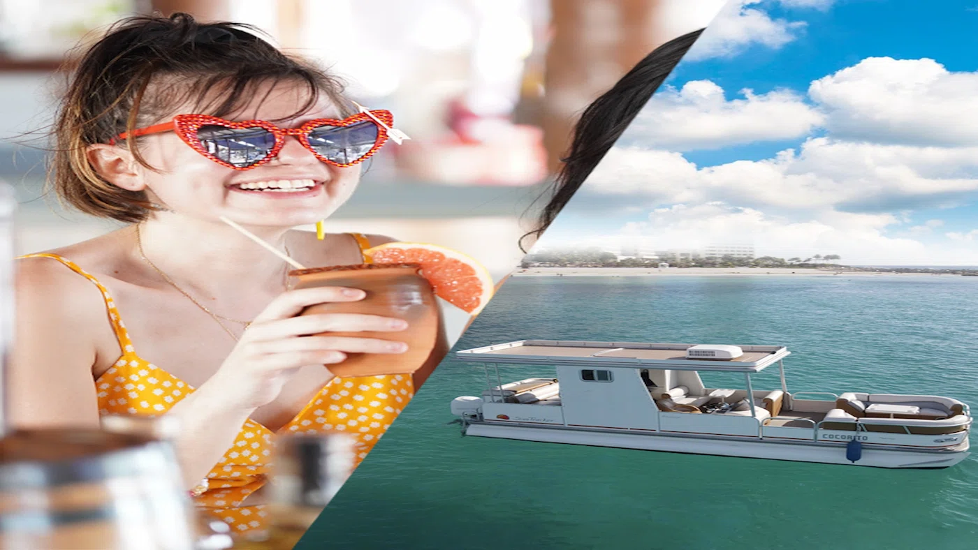 Combo tour image showing a happy guest with a tequila cocktail and a private pontoon boat cruising the Cancun lagoon after a tequila tasting experience.