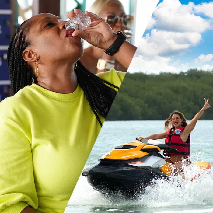Combo tour image showing a guest enjoying a tequila shot and another guest riding a jet ski in Cancun, highlighting the tequila tasting and water sports package.