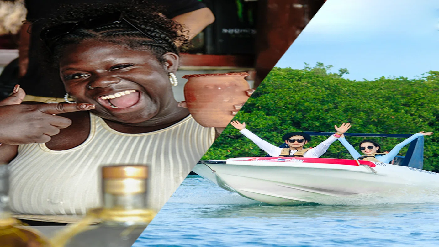 Combo tour image showing a happy guest tasting tequila and others riding a speedboat through the mangroves on the Cancun Jungle Tour.
